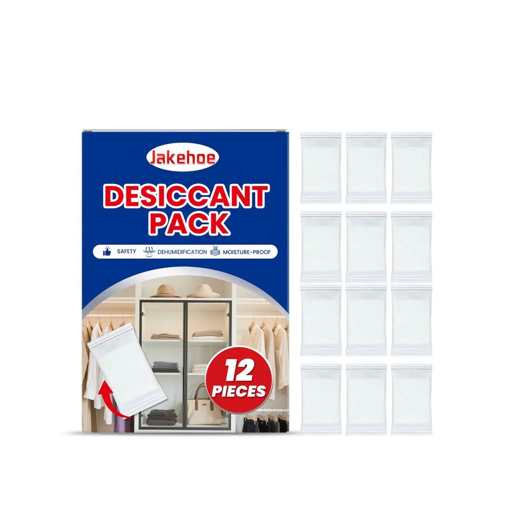 Pack of 12 white calcium chloride desiccant units for absorbing household moisture.