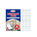 Pack of 12 white calcium chloride desiccant units for absorbing household moisture.