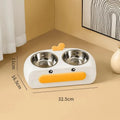 Duck design double pet bowl feeder tray in grey, pink, or yellow with plastic or stainless steel bowls for cats and small dogs.