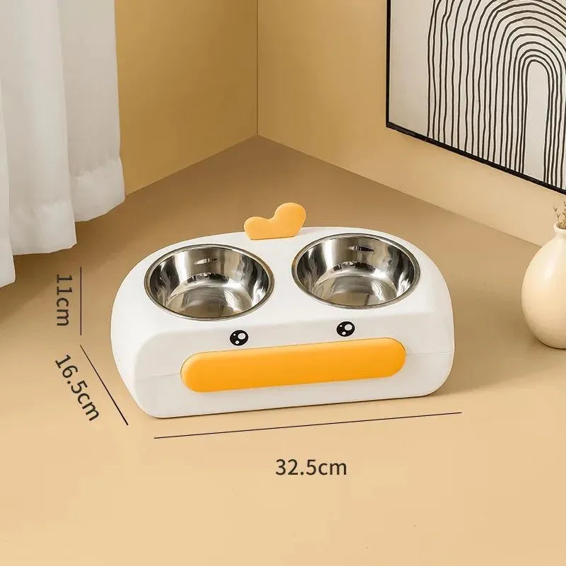 Duck design double pet bowl feeder tray in grey, pink, or yellow with plastic or stainless steel bowls for cats and small dogs.