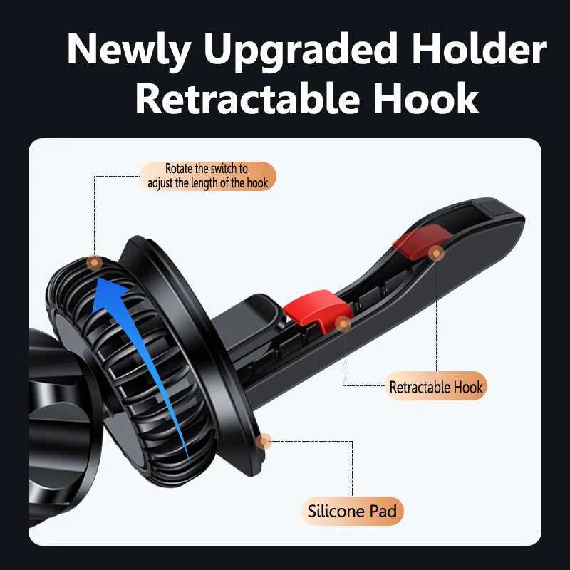 Magnetic car phone holder mounted on air vent with silver finish