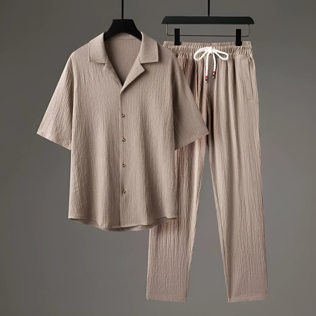 Men's Chinese-style casual two-piece set with short sleeve top and trousers, shown in available colour options.