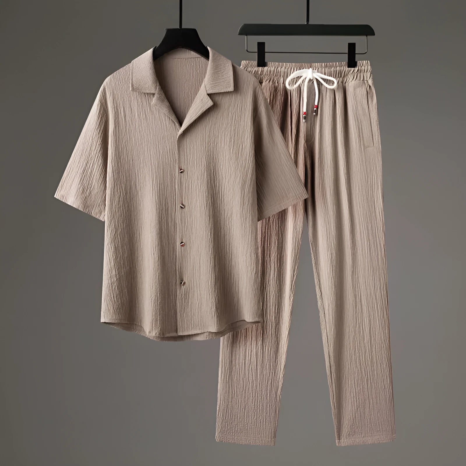 Men's Chinese-style casual two-piece set with short sleeve top and trousers, shown in available colour options.