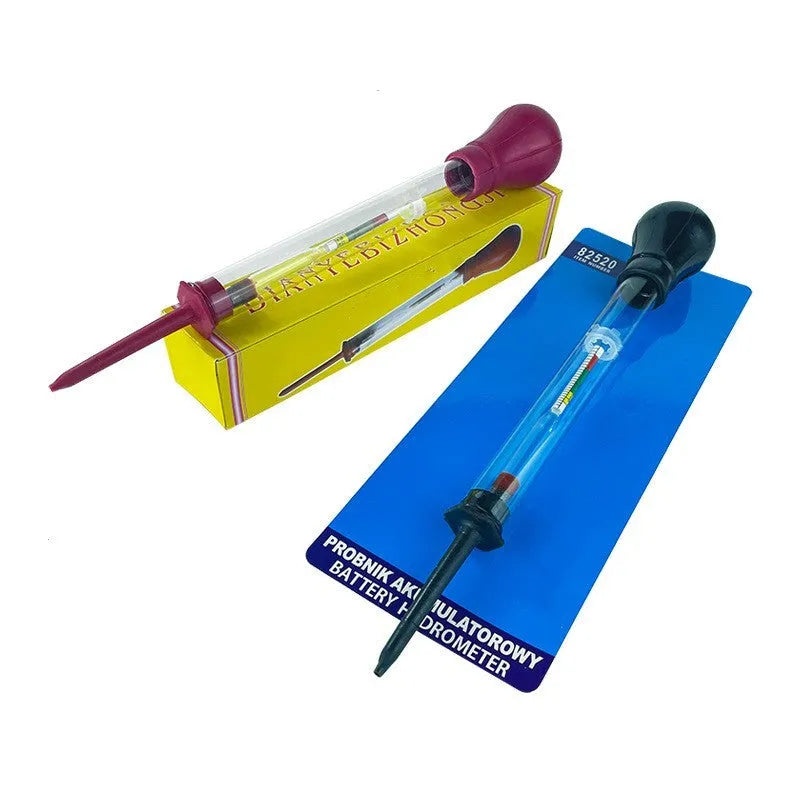 Electrohydraulic hydrometer battery tester with glass tube and suction bulb for automotive electrolyte density testing