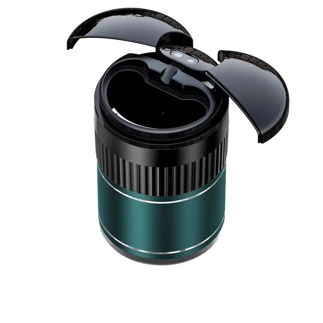 Compact metal smart car ashtray with lid in choice of colours for vehicle and home use.