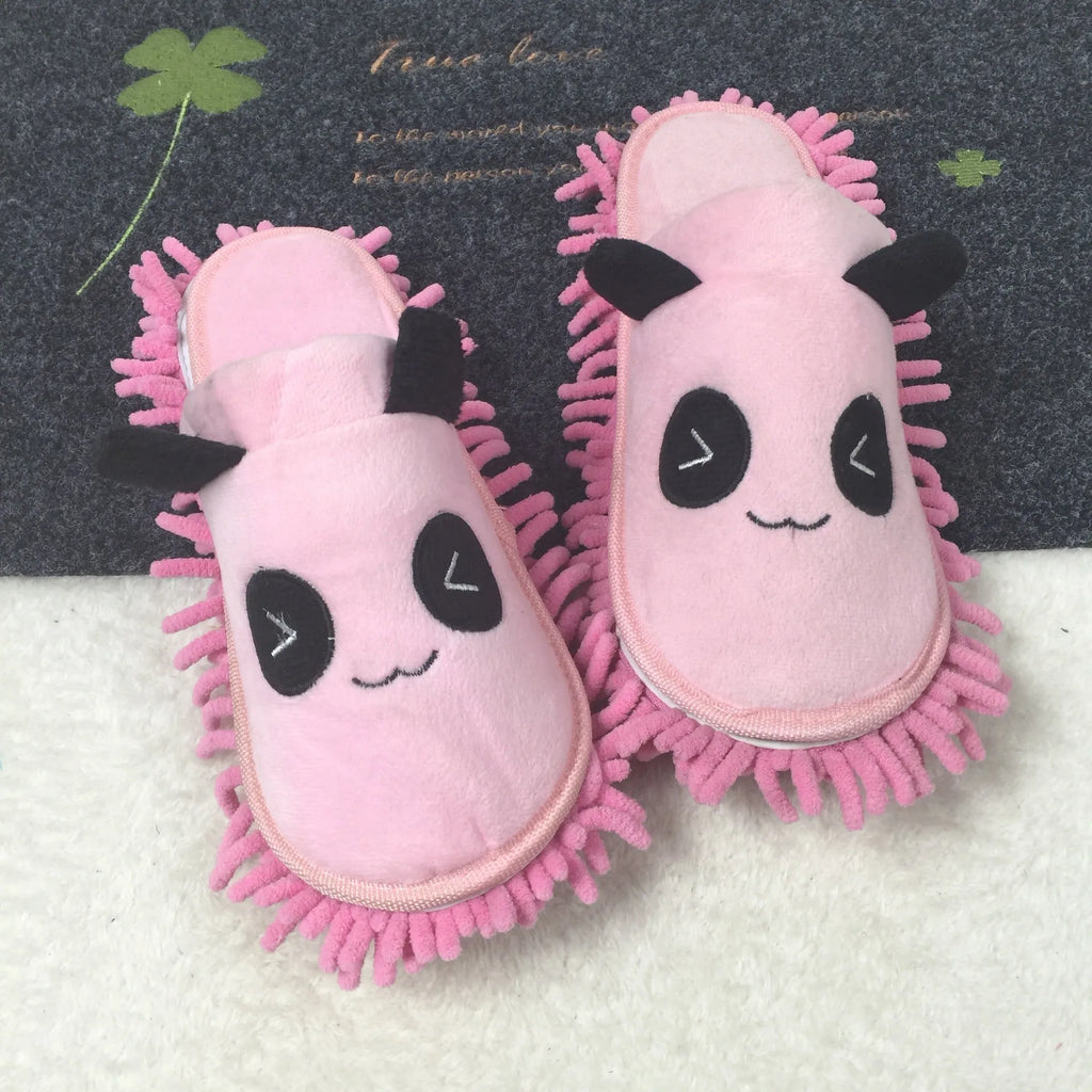 Soft panda mute slippers in four colours: beige, brown, gray, and pink, with chenille sole and fleece upper