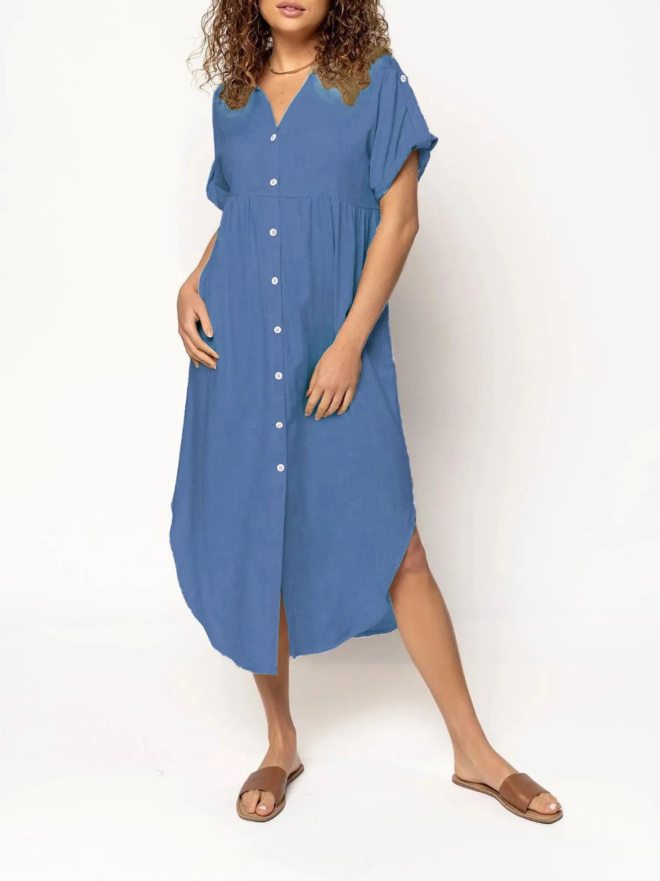 Casual button-front mid-length dress in loose fit available in multiple solid colours