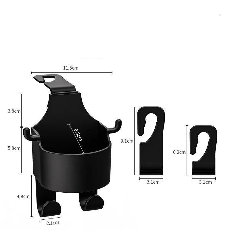 Black plastic car seat back organizer with cup holder and hanging hook for vehicle storage
