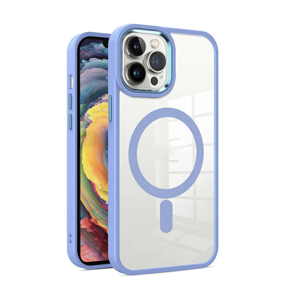 Magnetic transparent silicone phone case for iPhone with solid colour edges, shown in plum red.