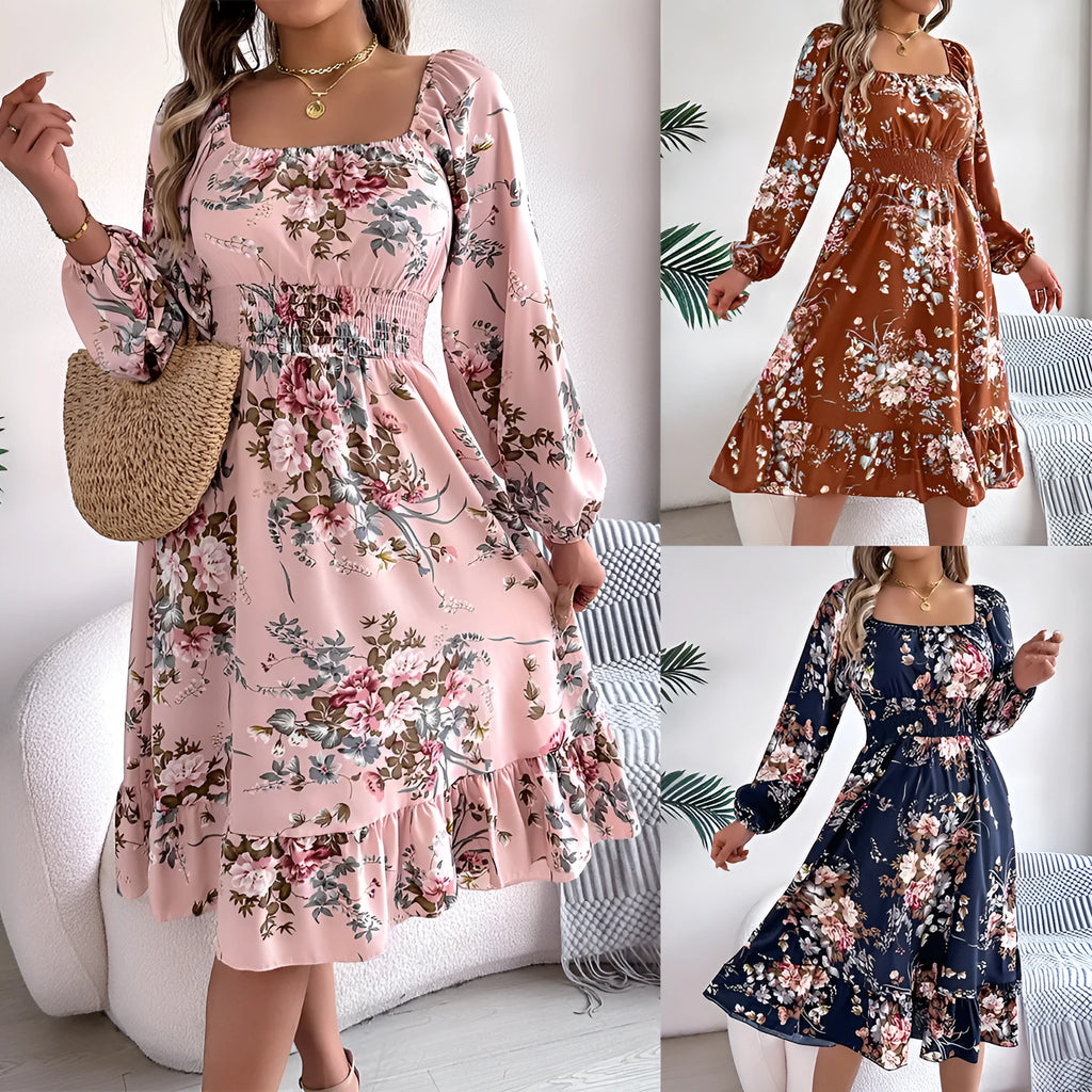 Women's A-line midi dress with square collar long sleeves and ruffled waist trimming in polyester fabric
