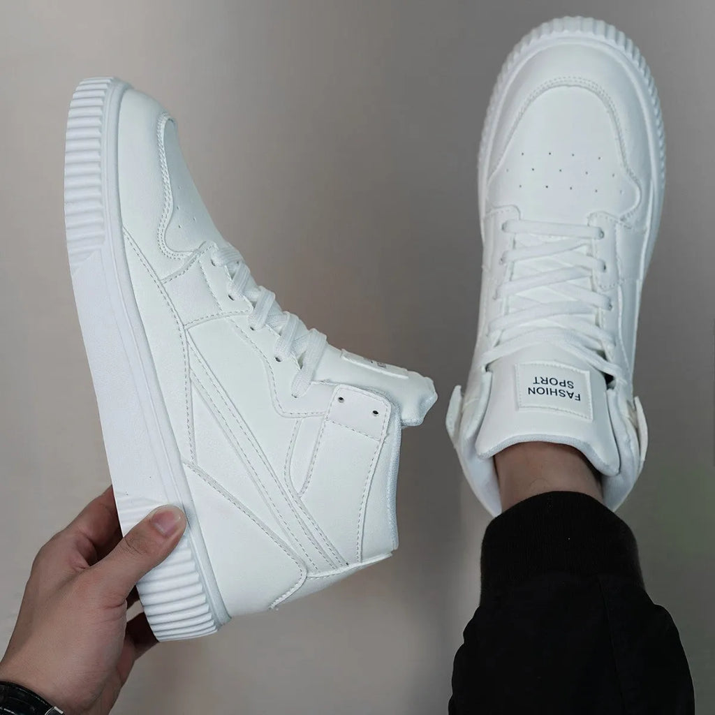Men's solid white casual shoes with round toe and microfiber upper for autumn and winter