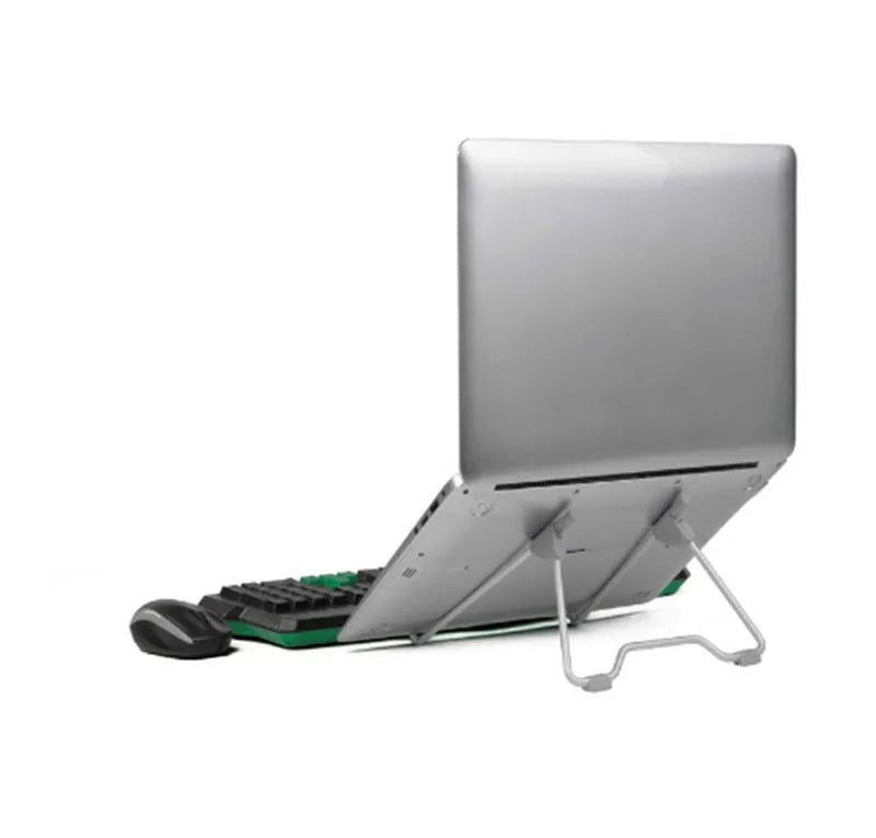 Grey aluminium alloy and engineering plastic mobile phone and laptop stand on a desk.