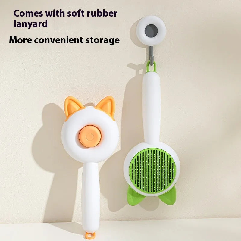 Self-cleaning cat grooming brush with stainless steel pins in greenish white and orange white colour options