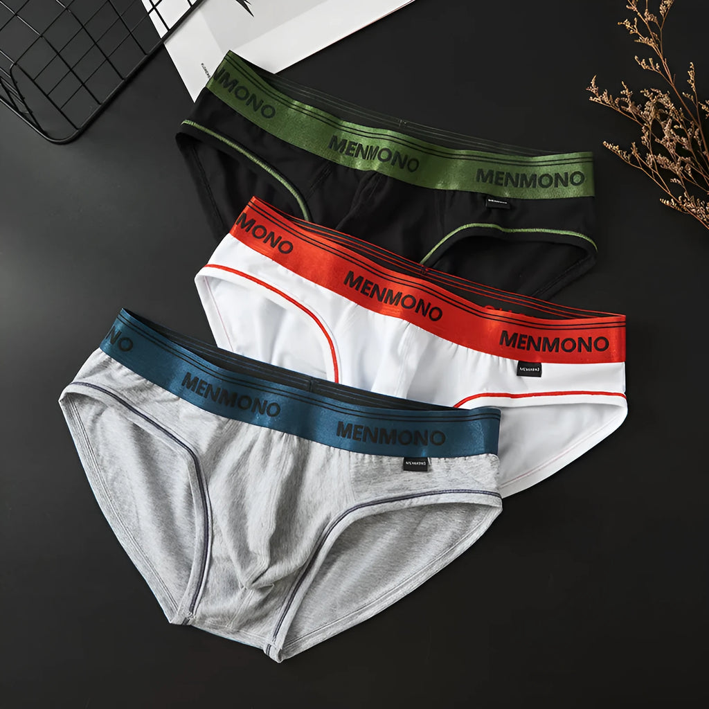 Men's low-waist cotton briefs showing colour options including white/blue, black/red, and grey/green
