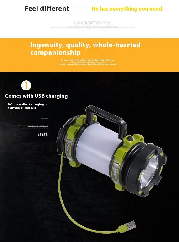 Green KS-5992AC portable LED searchlight with 5W headlight and 3W side light on outdoor background