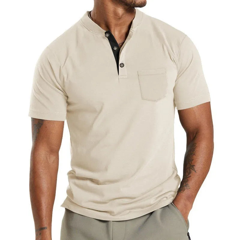 Men's plus size short sleeve polyester polo shirt with button chest pocket in solid colour