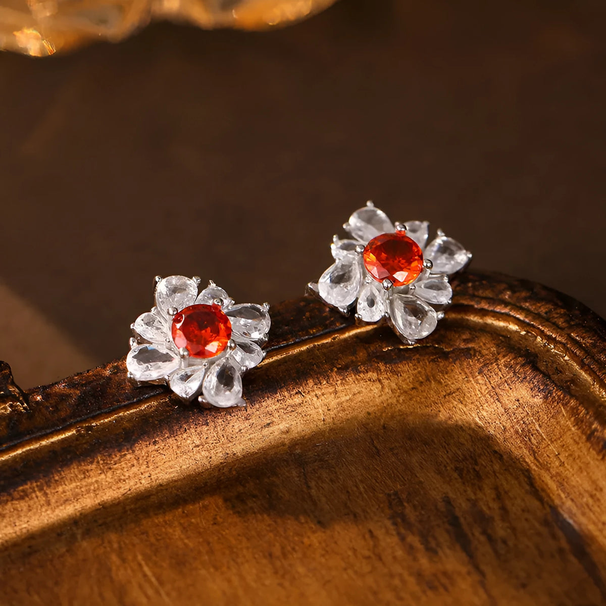 Retro red U-shaped and quadrilateral drop earrings in 925 silver with white gold colour electroplating for women
