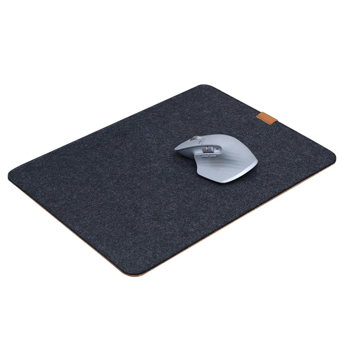 A winter warm felt cork office desk mat in a grey colour pattern, shown on a wooden desk with a mouse.