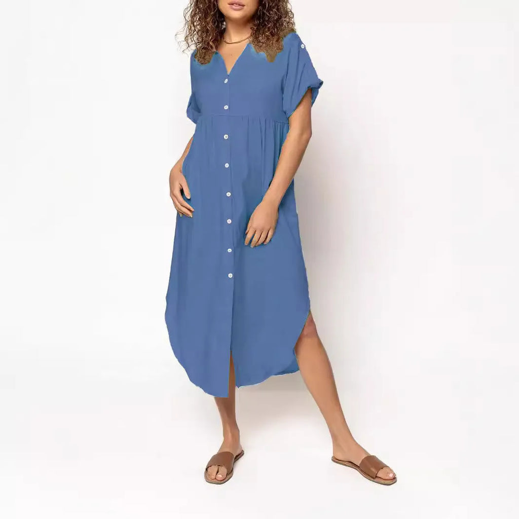 Casual button-front mid-length dress in loose fit available in multiple solid colours