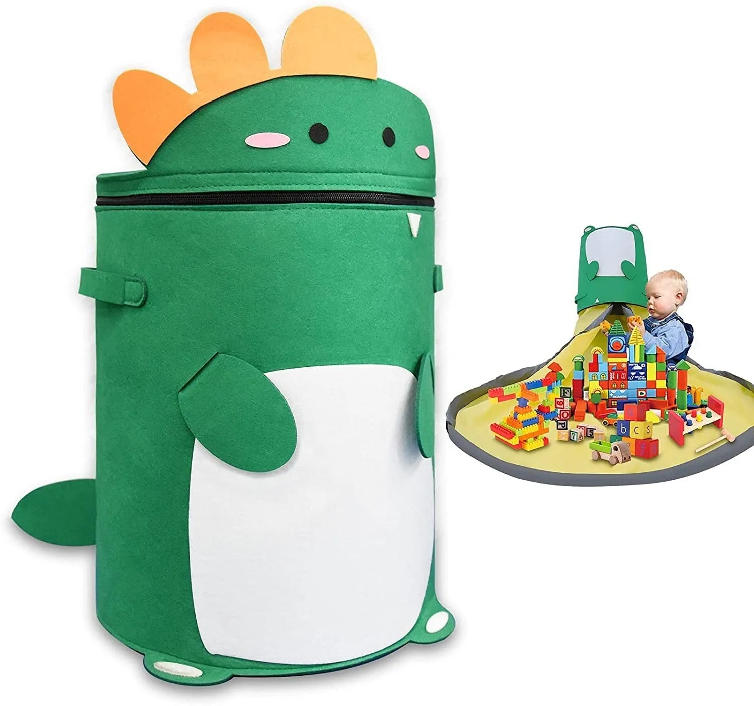 Green felt cube storage bag open as a play mat next to toys, showing pull rope closure