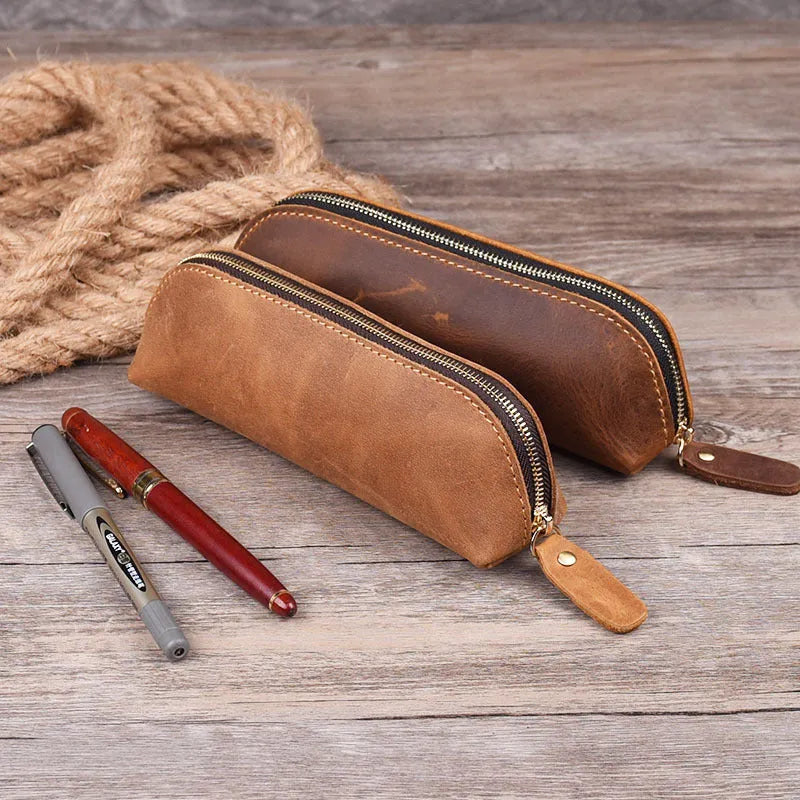 Genuine cowhide leather handmade pencil case with zip closure in black colour