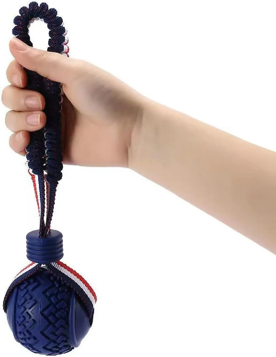 Blue natural rubber dog ball with rope handle for small breed dogs