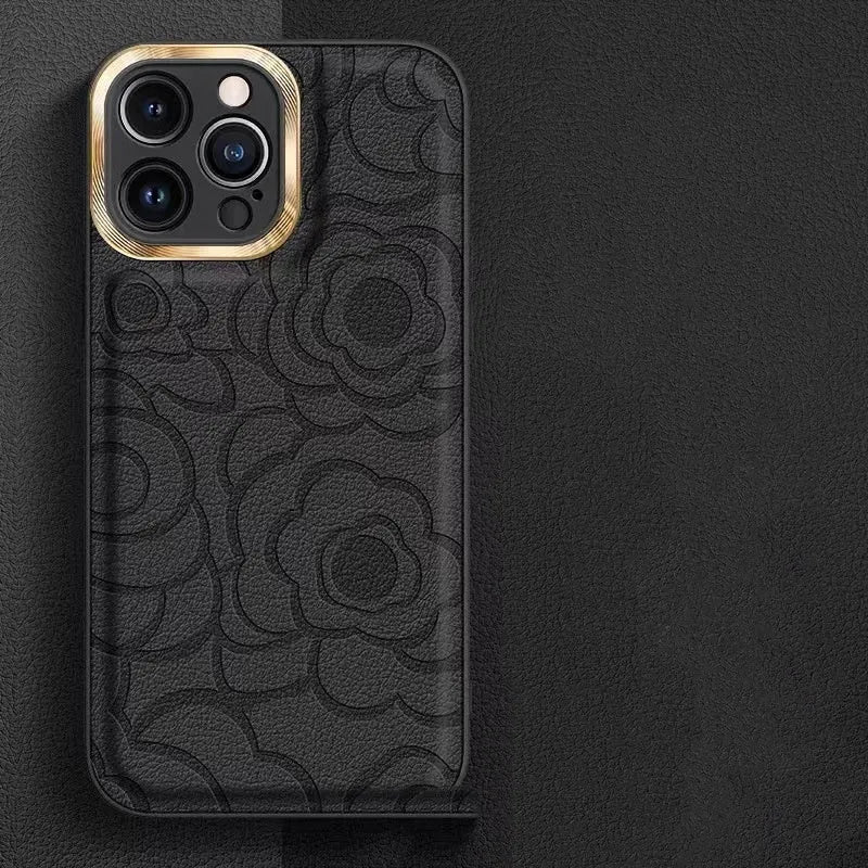 Camellia leather pattern phone case in antique white for iPhone with soft edge and hard back drop protection