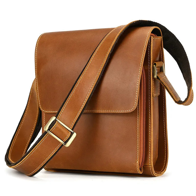 Men's brown leather crossbody bag with first layer cowhide and European retro styling