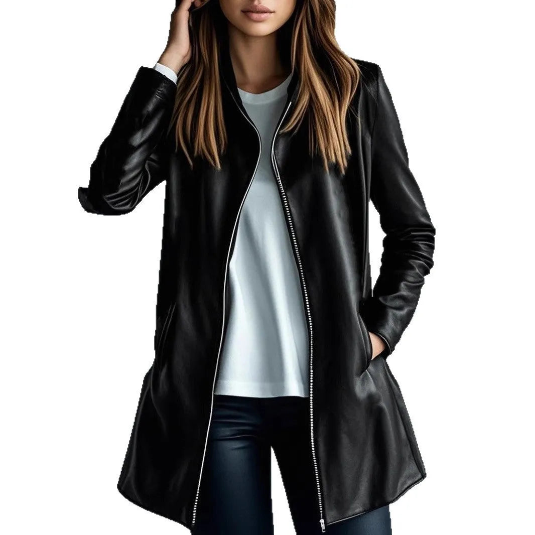 Solid black women's leather jacket with medium 65cm length and long sleeves