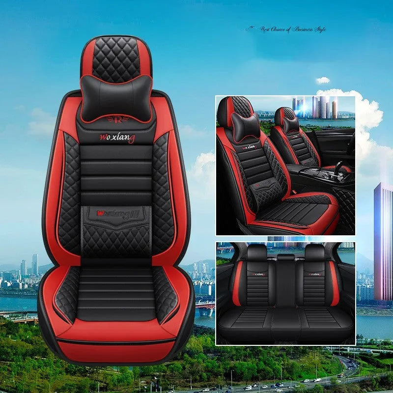 Red leather universal car seat cushion with high elastic sponge filling shown on a car seat.
