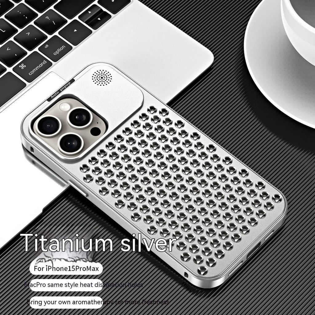 Aluminum alloy spring fastener aromatherapy phone case for Apple iPhone with frosted finish and magnetic suction