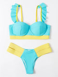 Women's rose red bikini swimsuit with steel wire push-up top and matching bottoms on a neutral background.