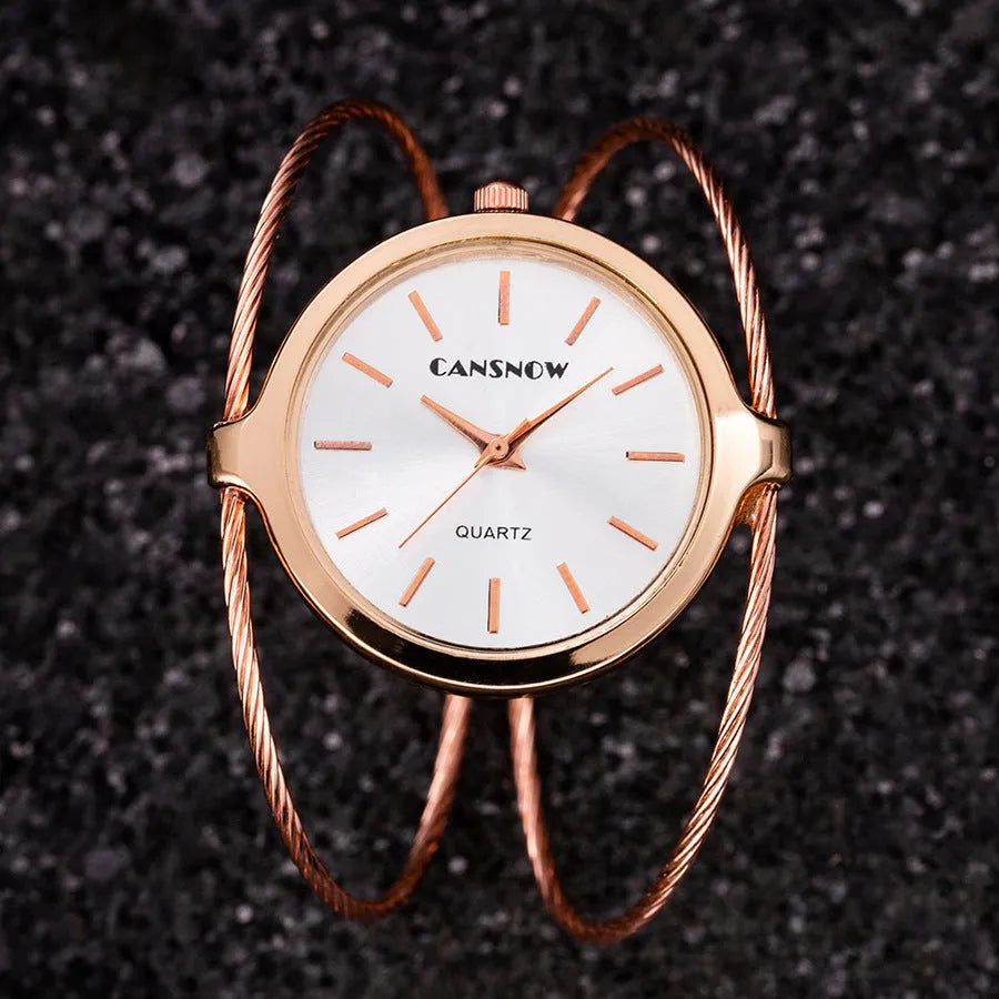 Starry sky design women's steel wire bracelet watch in rose gold with quartz movement and spiral crown