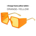 Large square frame sunglasses shown in available colours: black, blue, champagne, green, tortoiseshell, orange, and white.