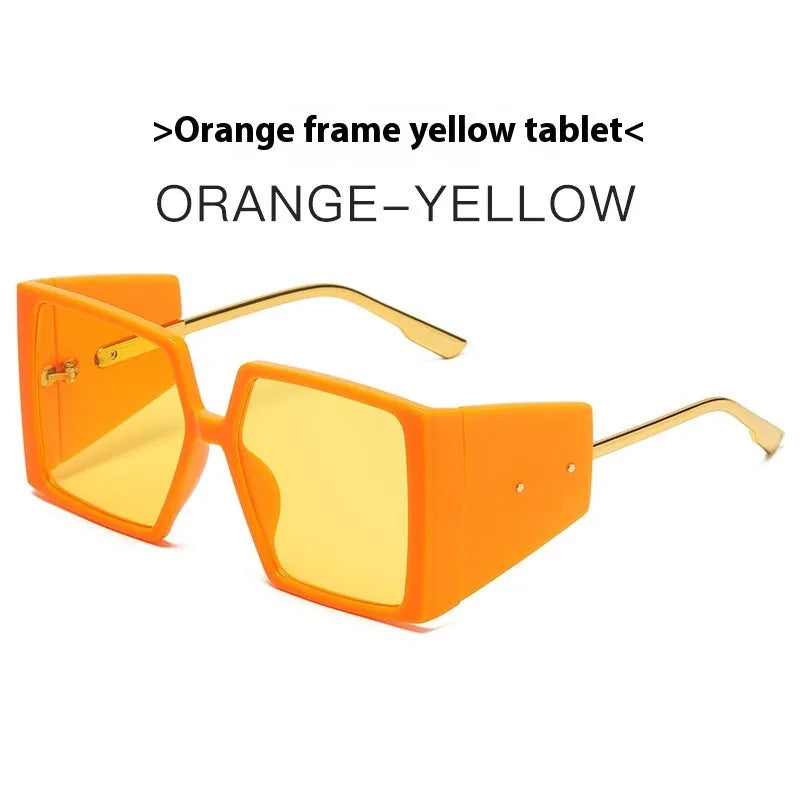Large square frame sunglasses shown in available colours: black, blue, champagne, green, tortoiseshell, orange, and white.