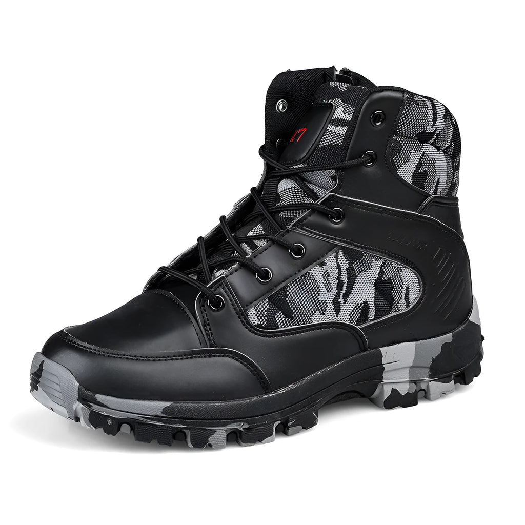 Men's high-top hiking shoes in artificial PU with metal accents, shown in black camouflage colour