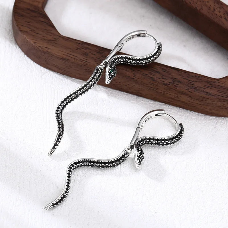 Snake earrings with inlaid zircon on copper, Black Diamond colour, retro Korean style, one pair