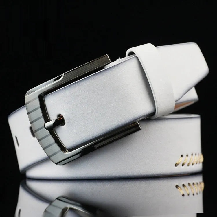 Men's retro pattern belt with alloy pin buckle in black, brown and white colour options