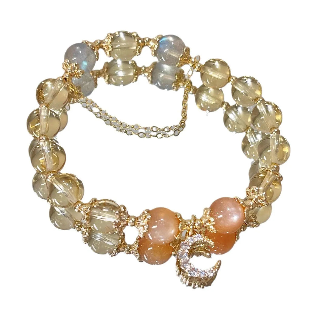 Chinese-style women's crystal bracelet with 14K gold electroplating and diamond-shaped citrine moon design