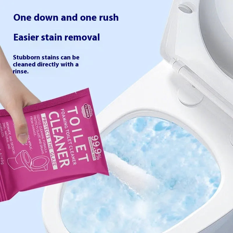 Toilet bubble descaling powder in blue ocean or pink floral fragrance, available in 240g bag or 5x40g sachet box