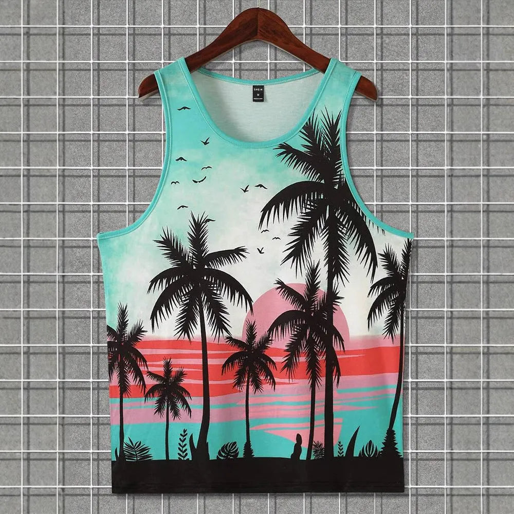 Men's 3D printed Hawaiian style sleeveless vest in solid colour polyester fabric