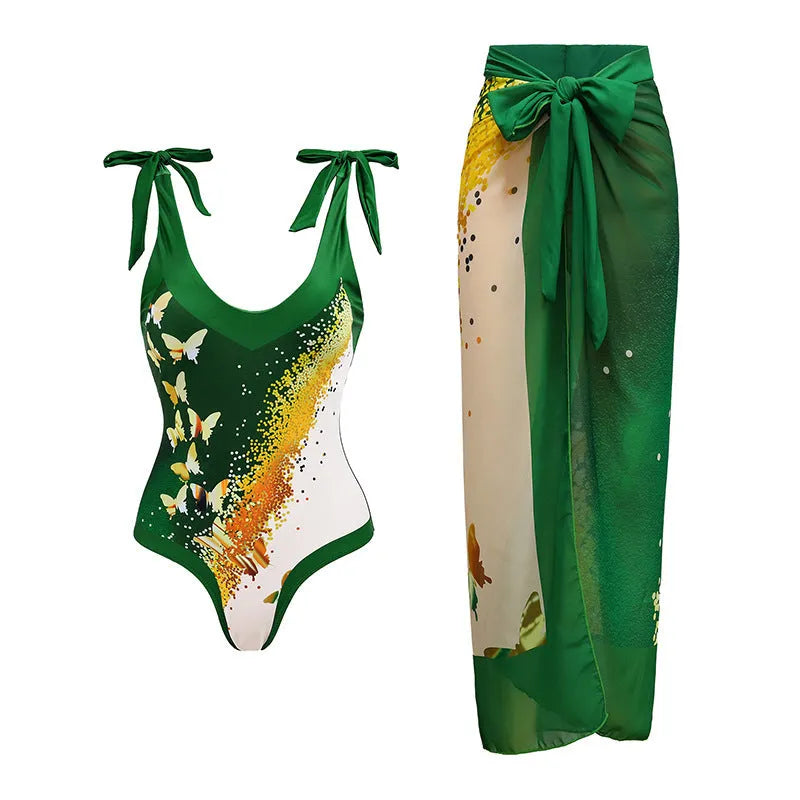 Women's solid colour one-piece swimsuit with spaghetti straps and matching removable skirt