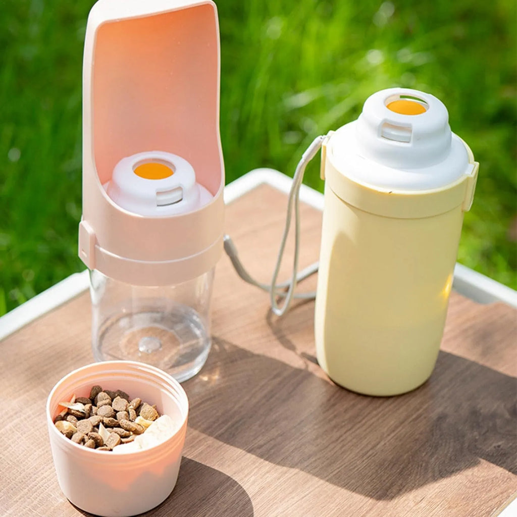 2-in-1 travel dog water bottle with feeder showing grey colour option with lanyard attachment
