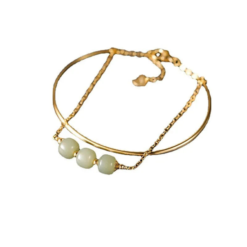Jade lucky beads bracelet for women with gold inlay decoration, showing single, double, and three beads version options.