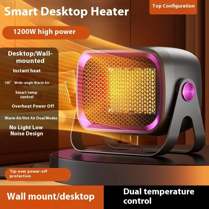 Compact white desktop ceramic fan heater showing control buttons and rotatable base.