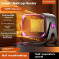 Compact white desktop ceramic fan heater showing control buttons and rotatable base.
