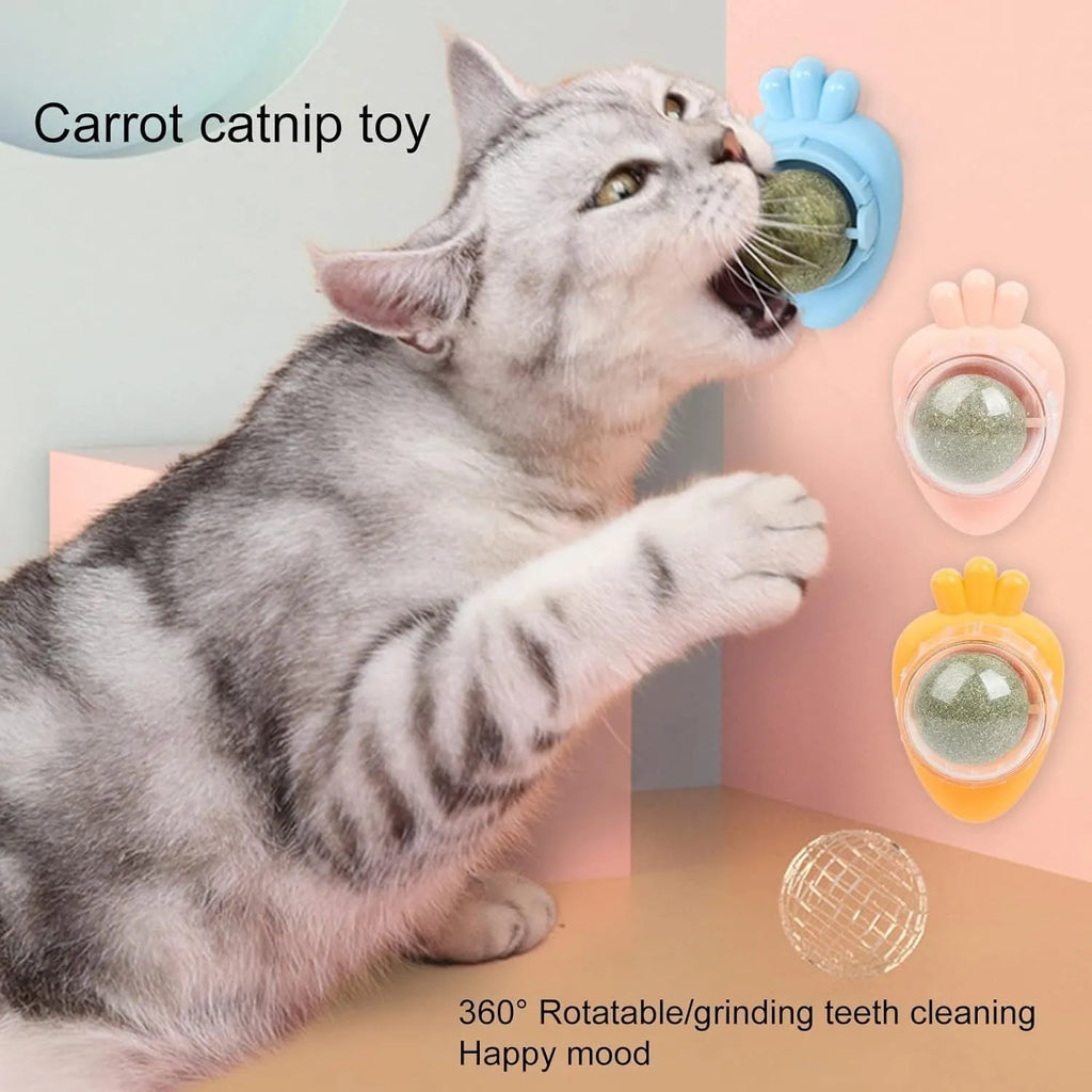 Blue carrot-shaped catnip ball with adhesive sticker for wall mounting as feline dental toy