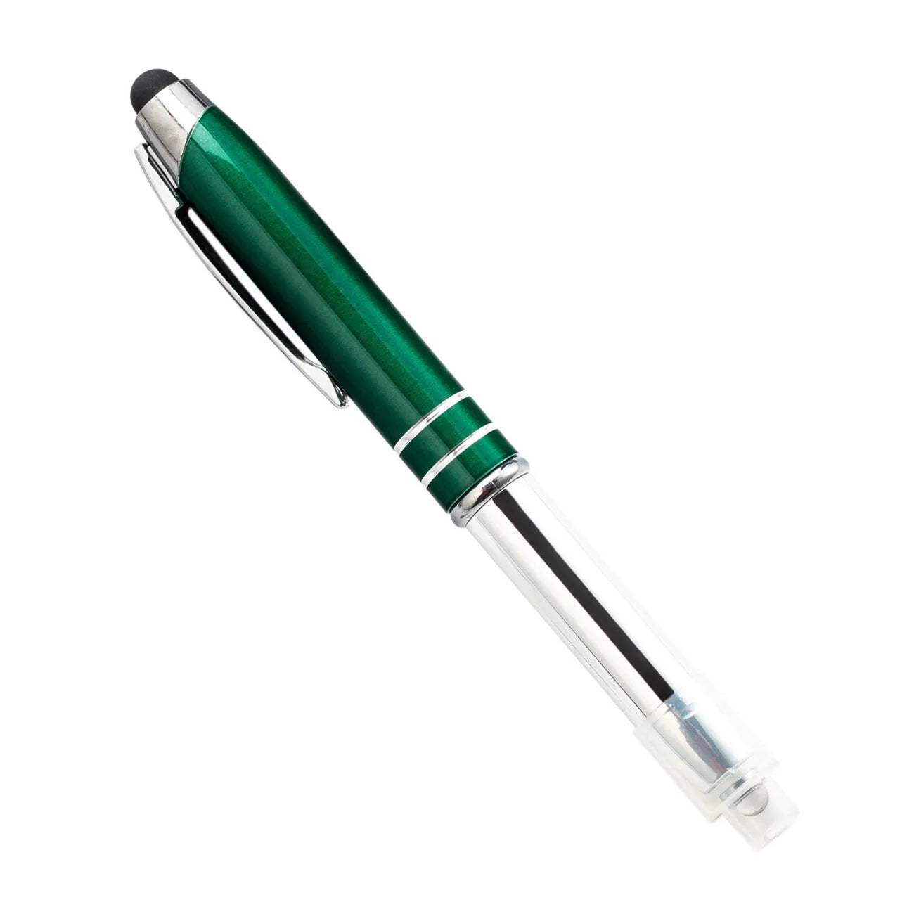 Metal capacitive stylus LED ballpoint pen in five colour options showing bullet pen head