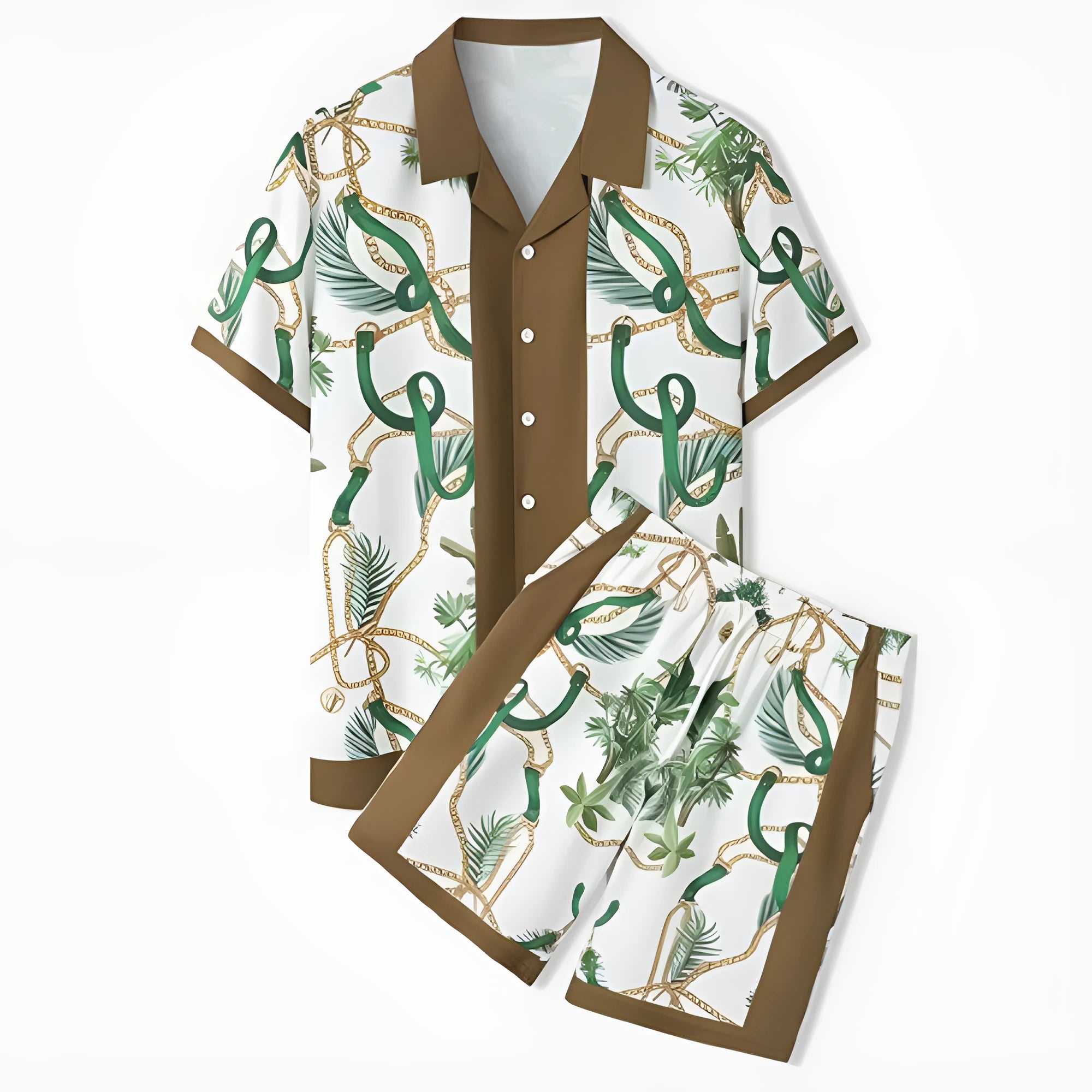 Men's plaid print short sleeve shirt and trousers beach outfit set on a hanger