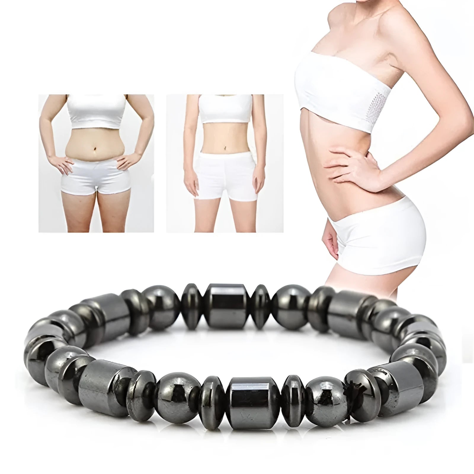 Black stretch bracelet with a pentagram stone, made from magnetite and hematite.